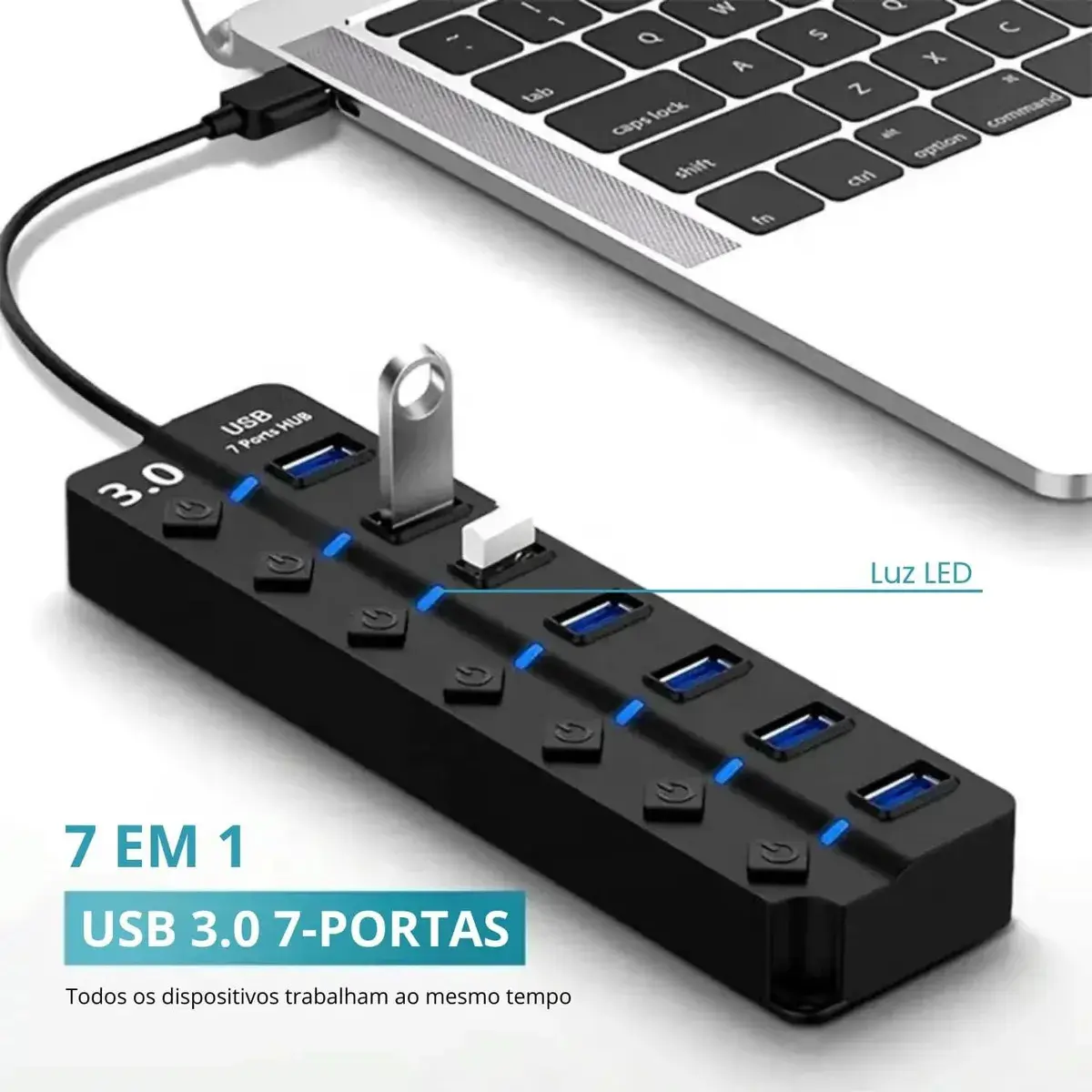 Hub Usb 3.0 7 Portas Entradas Alta Velocidade 5gbps Com Led E Botões Individuais Plug And Play Compatível Com Notebook Pc Tv Console Impressora Mouse E Teclado Pen Drive Cooler Premium Eletric Teck thumbnail 6