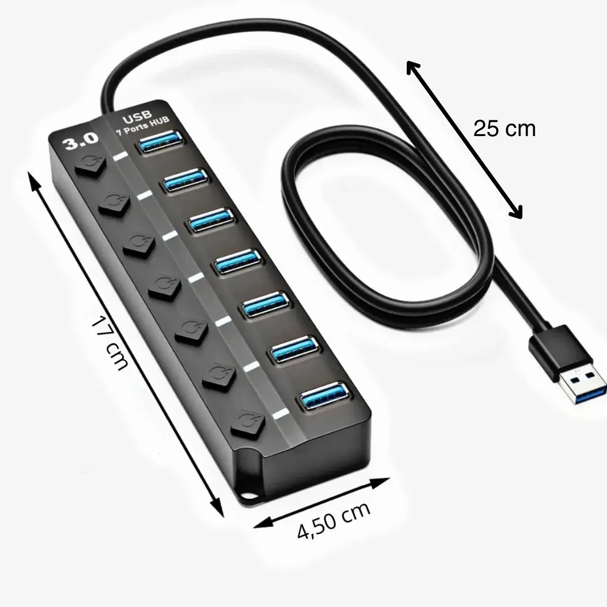 Hub Usb 3.0 7 Portas Entradas Alta Velocidade 5gbps Com Led E Botões Individuais Plug And Play Compatível Com Notebook Pc Tv Console Impressora Mouse E Teclado Pen Drive Cooler Premium Eletric Teck thumbnail 8