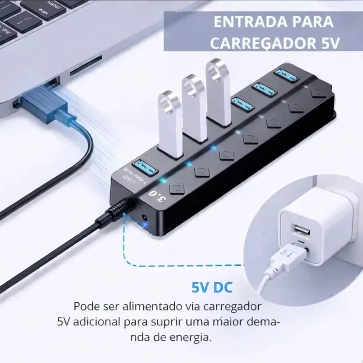 Hub Usb 3.0 7 Portas Entradas Alta Velocidade 5gbps Com Led E Botões Individuais Plug And Play Compatível Com Notebook Pc Tv Console Impressora Mouse E Teclado Pen Drive Cooler Premium Eletric Teck thumbnail 9
