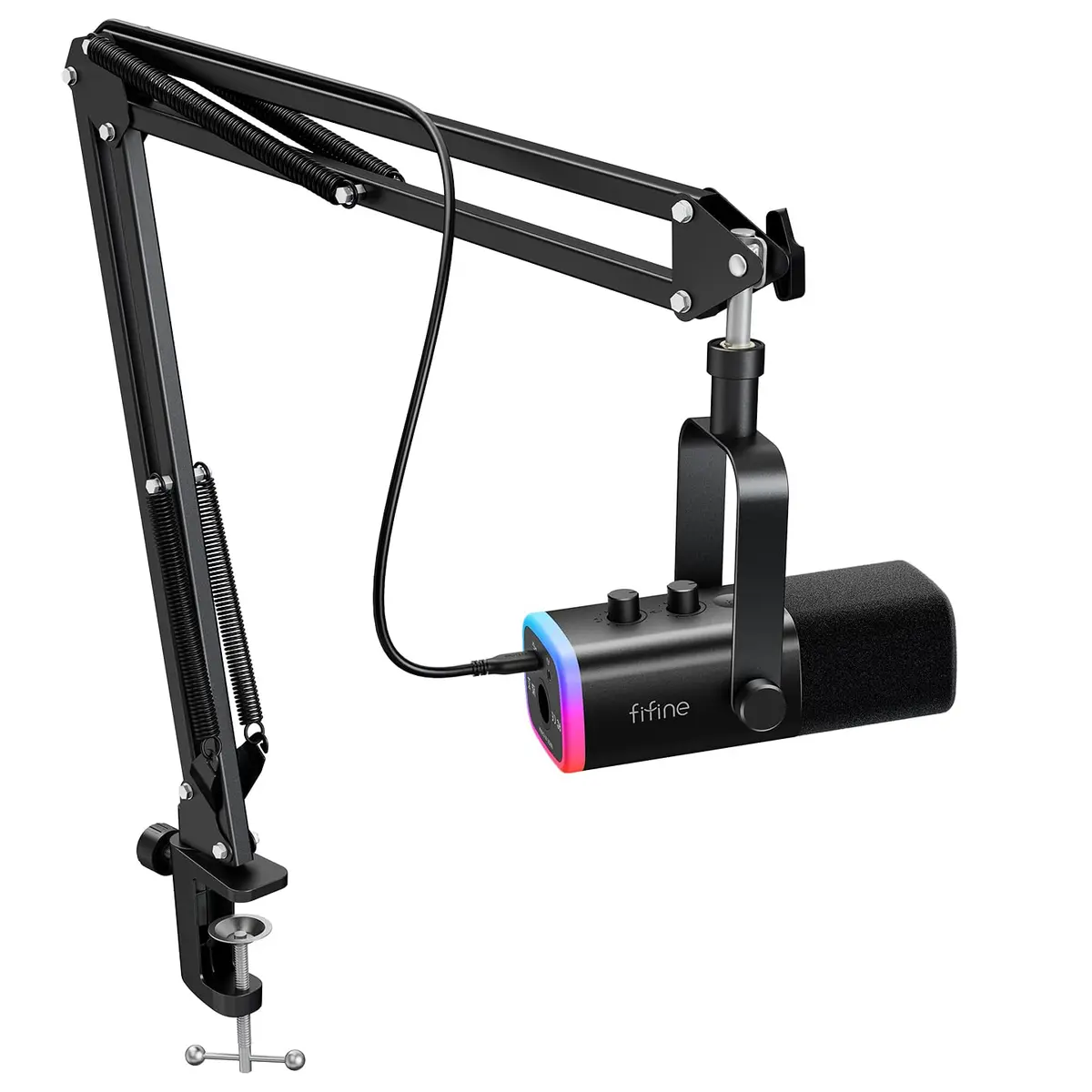 FIFINE AM8T conjunto de microfone para jogos XLR/USB,para PC Podcasting | Kit de microfone RGB para computador com suporte para braço de lança,para gravação de voz vocal, Preto - 1