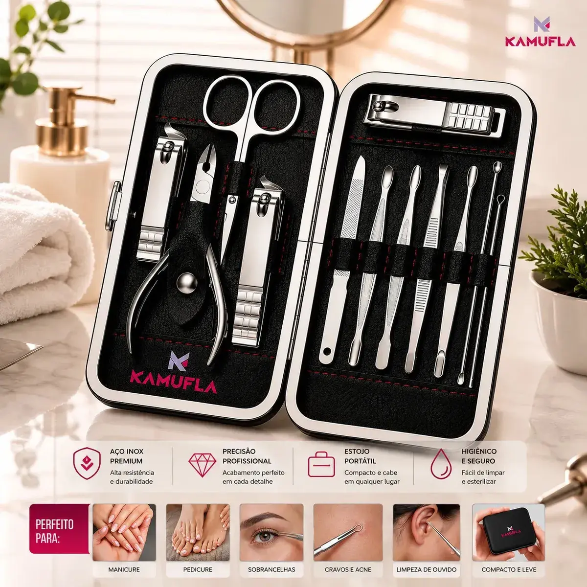 Kit Cortador De Unha Portátil Estojo Alicate Manicure 12 Pç Desencravador De Unha Manicure Alicate Lixa Profissional Tesoura Empurrador De Cutículas Pinça Portátil Dobrável