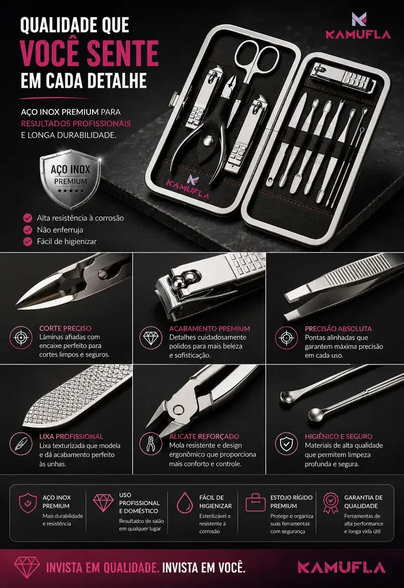 Kit Cortador De Unha Portátil Estojo Alicate Manicure 12 Pç - Desencravador De Unha Manicure Alicate Lixa Profissional Tesoura Empurrador De Cutículas Pinça Portátil Dobrável thumbnail 6