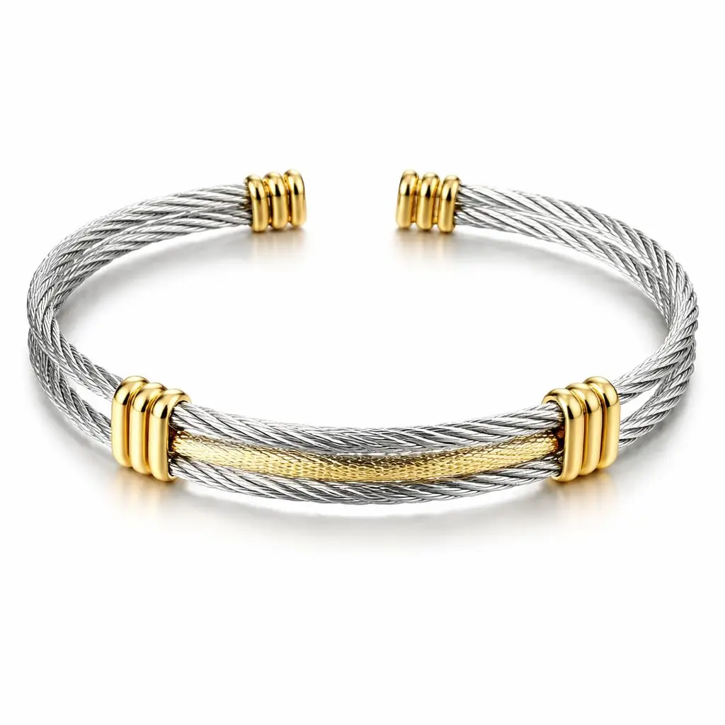 Pulseira Bracelete Masculina em Aço Inoxidável Torcido Bicolor Ajustável – Design Premium Minimalista, Estilo Moderno, Conforto Diário e Alta Durabilidade