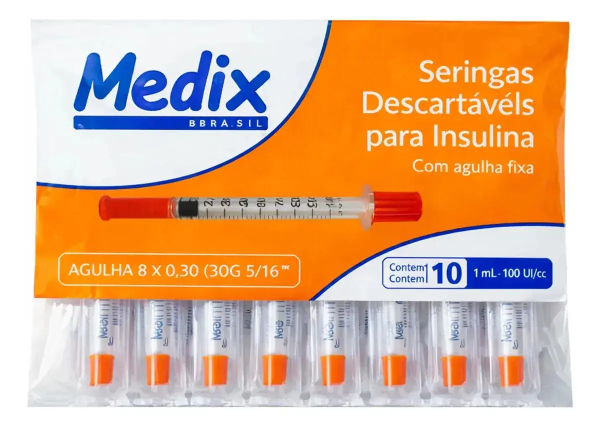 Seringa Insulina 1ml Ag Fina 8x0,30mm 30g - Kit 10un Medix