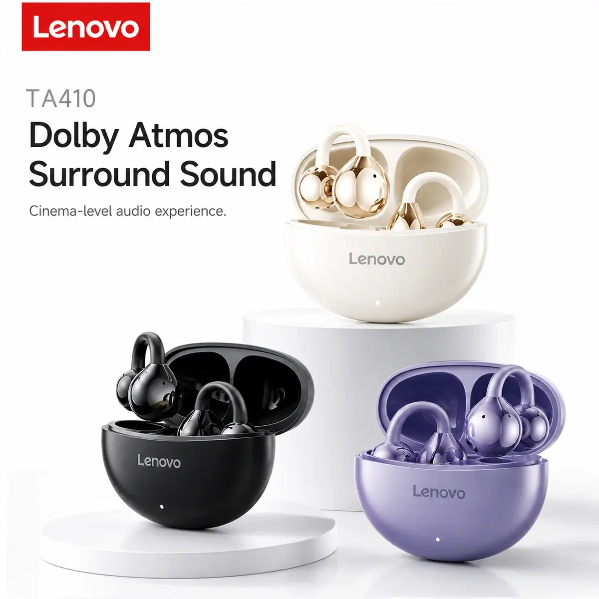 Fones de ouvido Lenovo TA410 com clipe de orelha, microfone embutido, sem fio, esportivos, com gancho de orelha, chamadas nítidas, para homens e mulheres