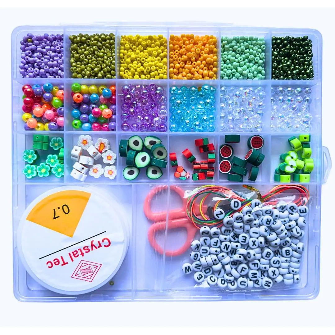 KIT de Miçangas Infantil Completo para Fazer Pulseira Colar Bijuteria Pingentes Coloridos (Quadrado)