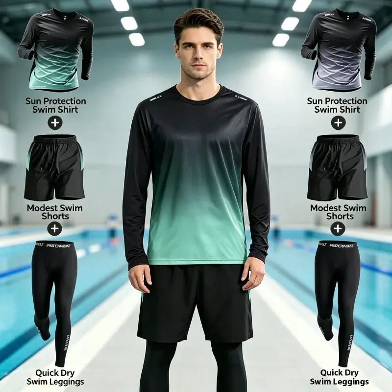 Conjunto de Roupa de Banho Masculina com Proteção Solar e Secagem Rápida, Manga Longa e Calças Longas, para Esportes, Fitness e Corrida, Opções de 1/2/3 Peças - 1