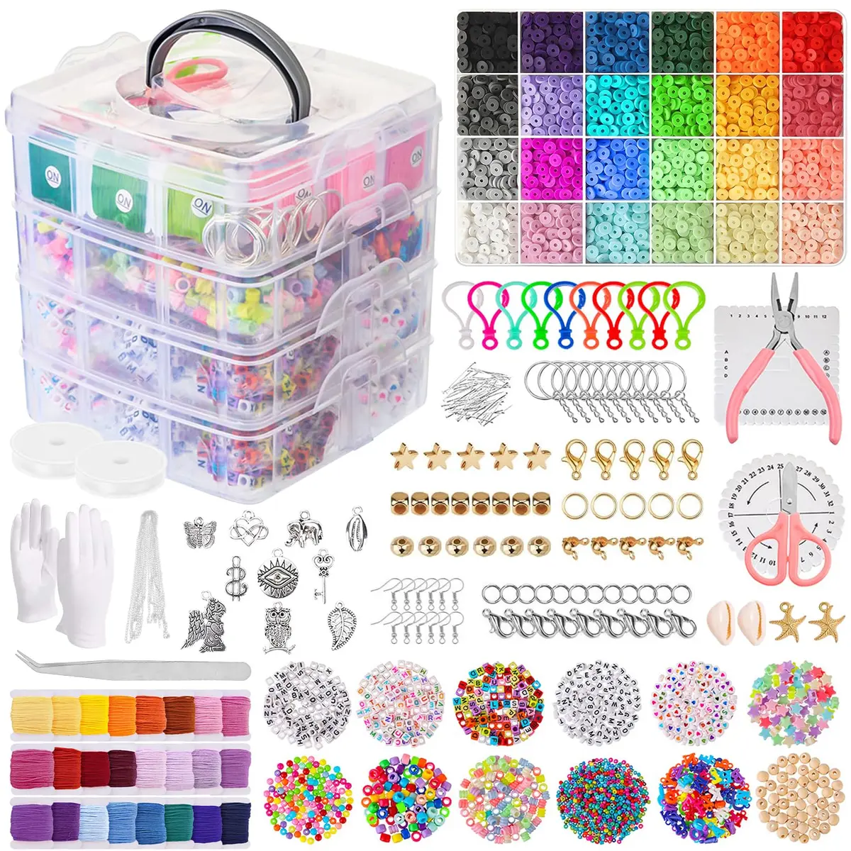 Kit de Miçangas para Pulseiras, 12000 Para Fabricação Joias Pulseiras, kit de pulseira de elastico com Contas Coloridas, Pingentes e Acessórios, Caixa Organizadora 16x15x15cm presente para meninas