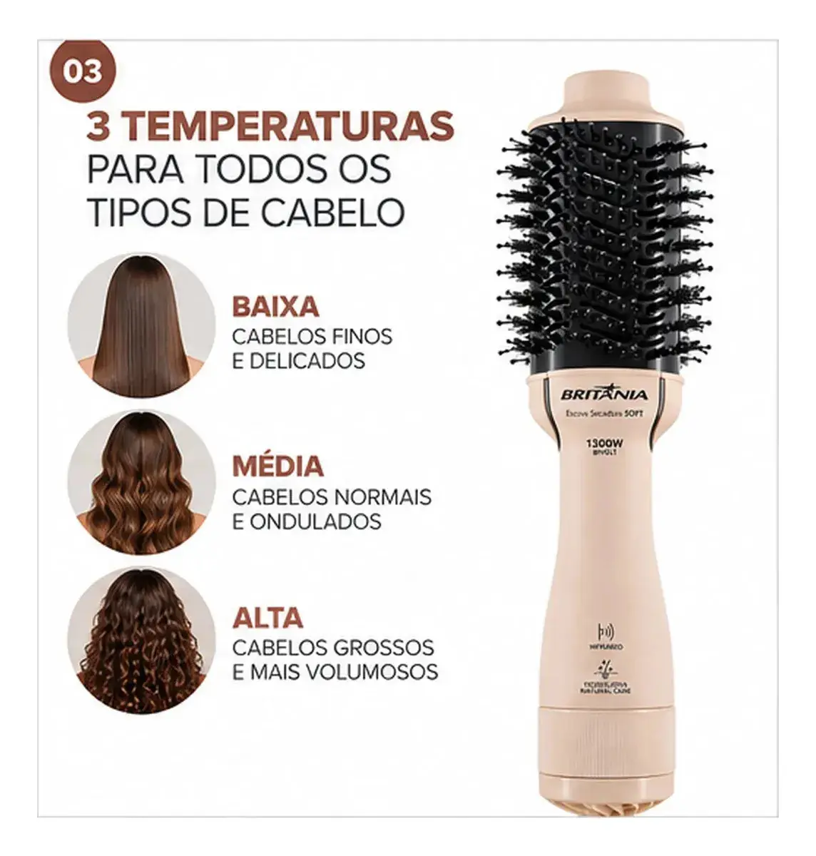 Escova Secadora 4 Em 1 Britânia Bec07r Cerâmica 1300w Bivolt Rosa thumbnail 2