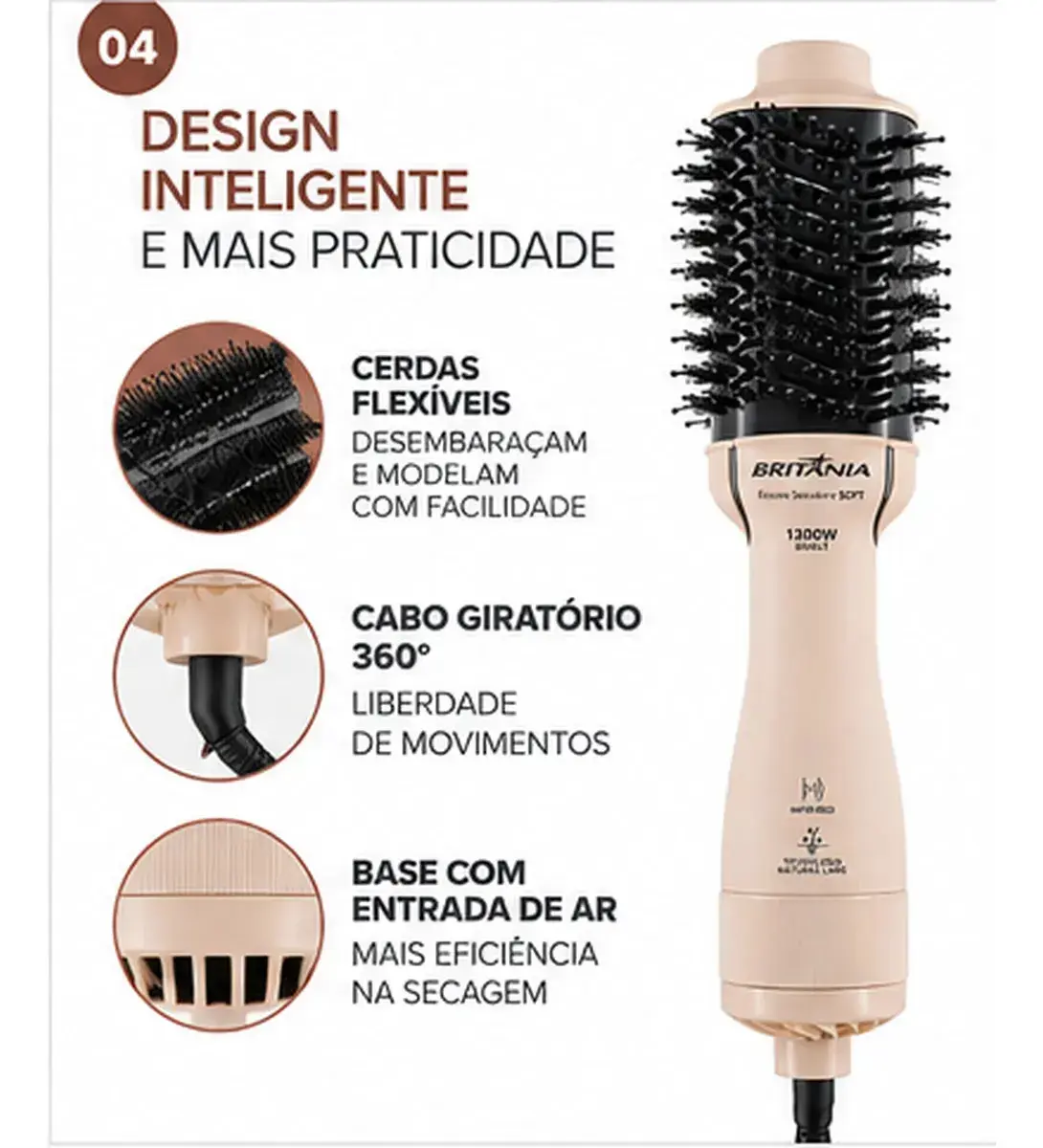 Escova Secadora 4 Em 1 Britânia Bec07r Cerâmica 1300w Bivolt Rosa thumbnail 4