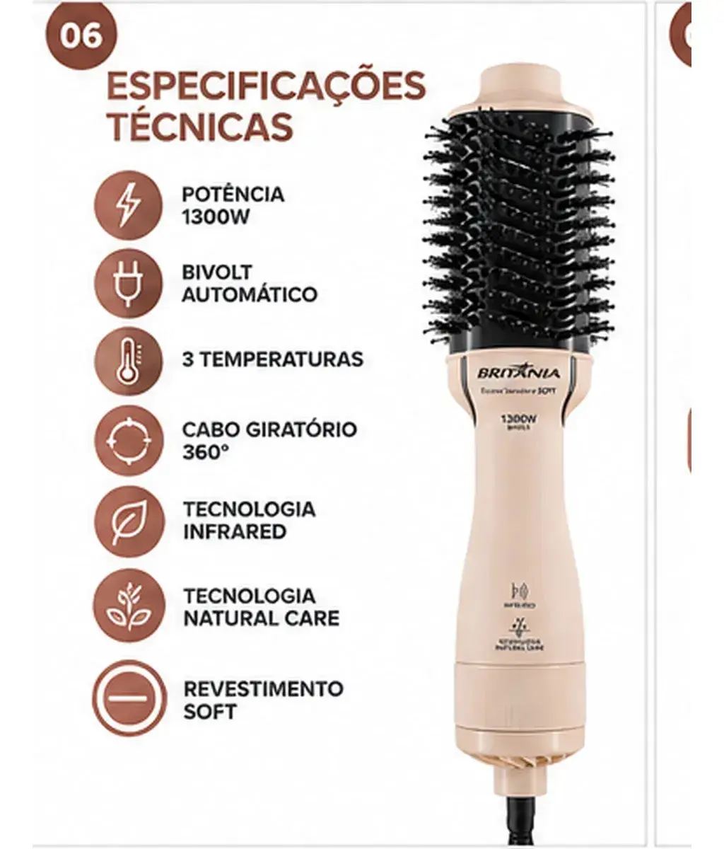 Escova Secadora 4 Em 1 Britânia Bec07r Cerâmica 1300w Bivolt Rosa thumbnail 5