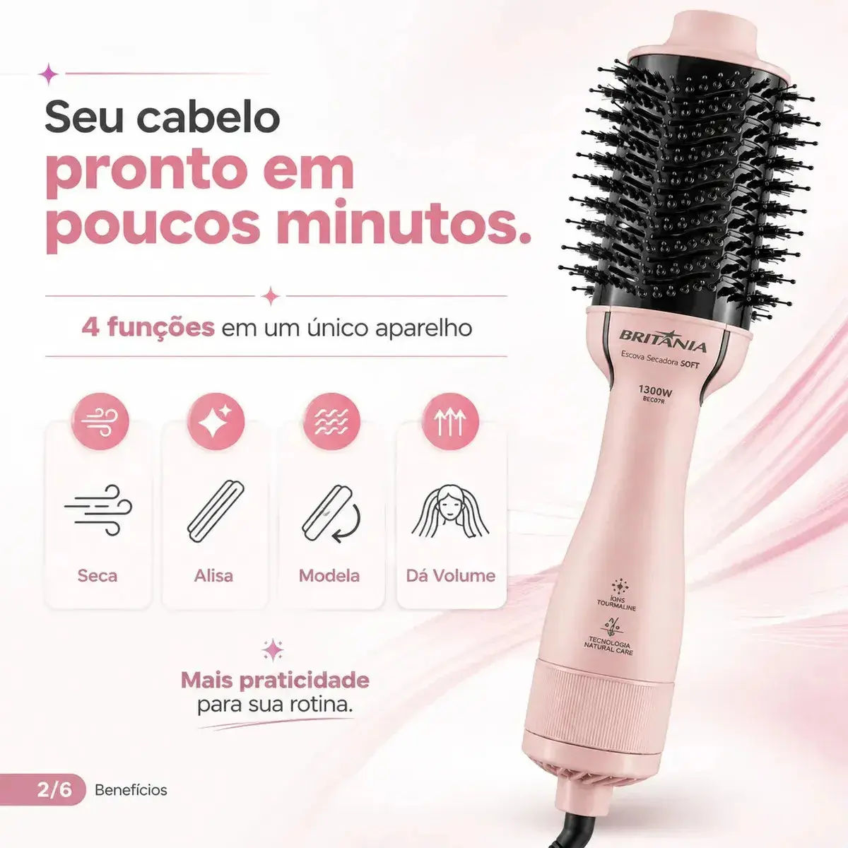 Escova Secadora 4 Em 1 Britânia Bec07r Cerâmica 1300w Bivolt Rosa thumbnail 7