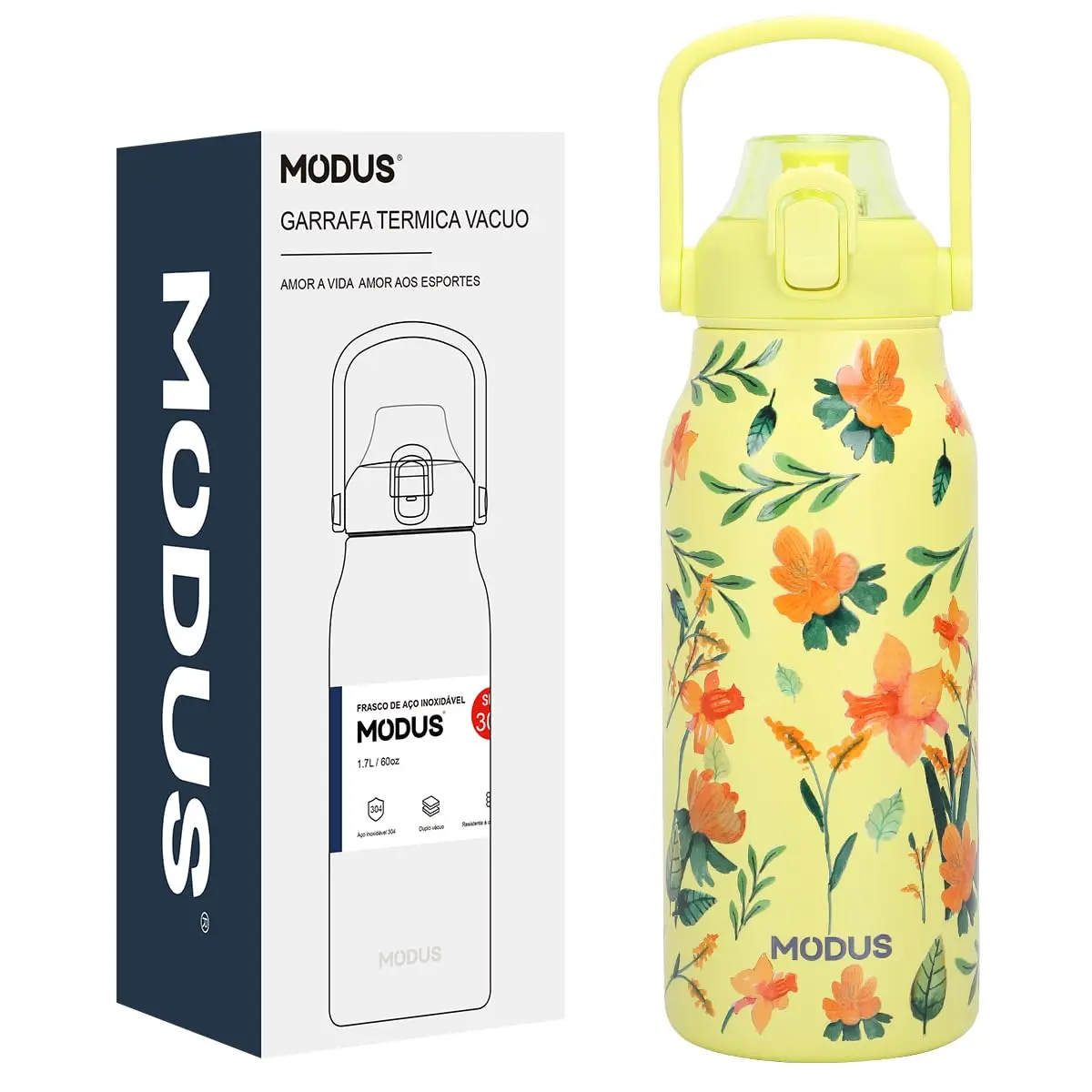 Garrafa Térmica de Aço Inox Dupla Parede 1,7 Litro Isolamento Vácuo | Design com Estampa 3D em Relevo (Amarelo Flores)