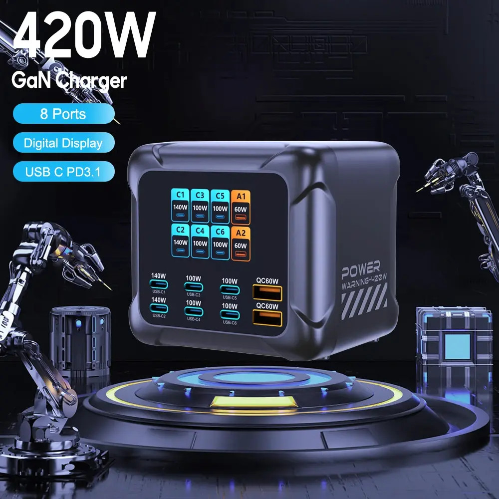 Ubigbuy 420W GaN Carregador PPS PD3.1 140W USB Tipo C Carregador Display Digital Estação de Carregamento Rápido para MacBook iPhone 17 Samsung