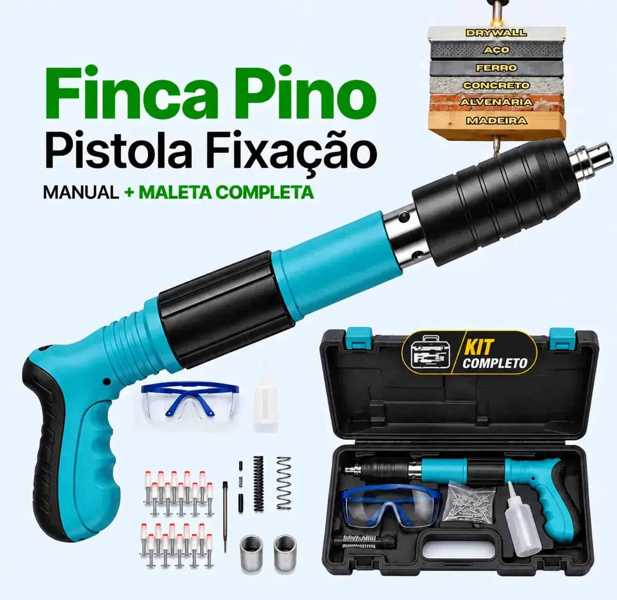 Pistola Fixação Finca Pino Ação Direta Pregos + Maleta Epi Pinador Pregador Grampeador Rebitador De Prego Pressão Manual Ferramenta Para Drywal Gesso Concreto Aço Parede Forro Pvc Grampo Kit Premium