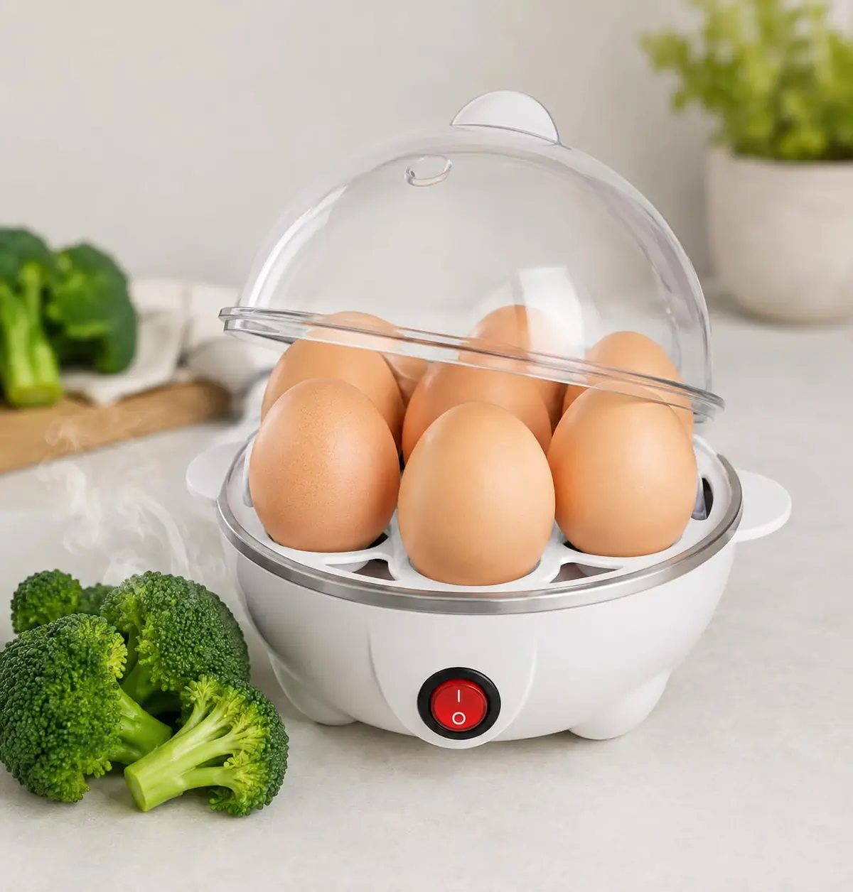 Cozedor de Ovos Elétrico Portátil a Vapor Branco - Escalfador de legumes | Capacidade para 7 Ovos Com desligamento automático em cerca de 10 minutos. Opção de cozinhar legumes