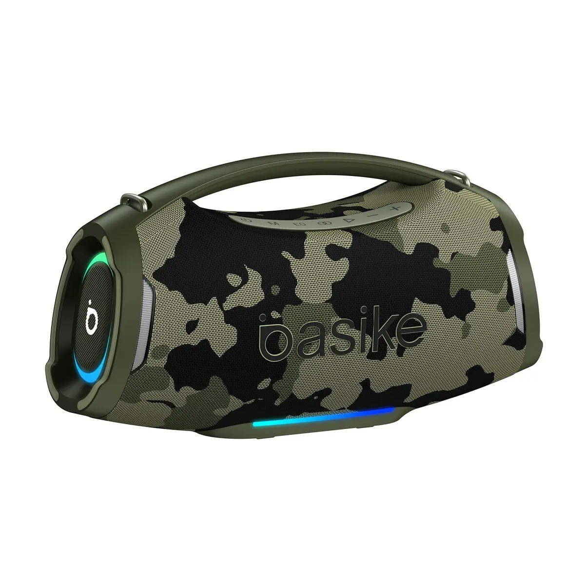 Basike Caixa de Som Estéreo Sem Fio, Boombox 200W, Bluetooth, cor camuflada | Bateria 18000mAh, IPX6 À Prova de Água, Luz RGB, Equalizador, TWS, Graves Reforçados, Áudio Lossless, Festa, Piscina