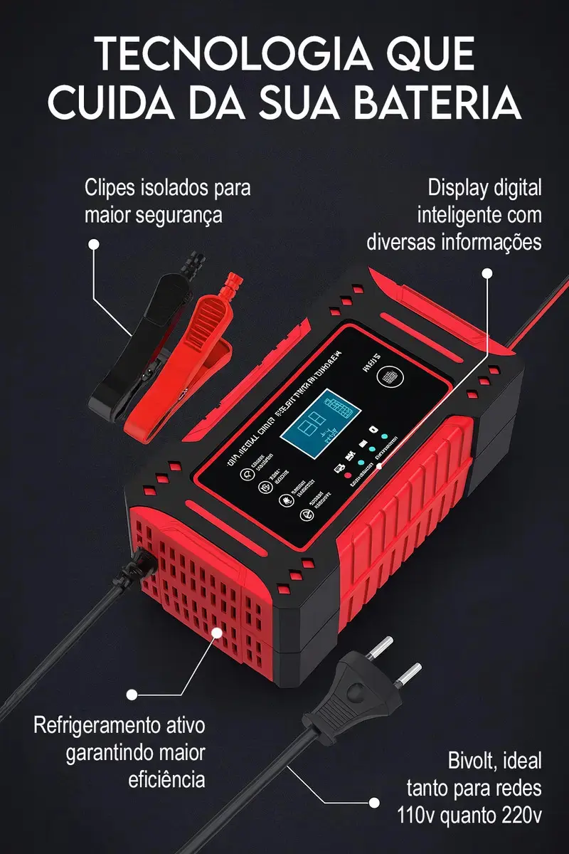 Carregador de Bateria Inteligente Davely 6A Bivolt para Carro Moto Caminhão Jet Ski e Barco Display Digital Recupera Bateria Carga rápida e Eficiente Cabo Reforçado Reparo Por Pulso thumbnail 3