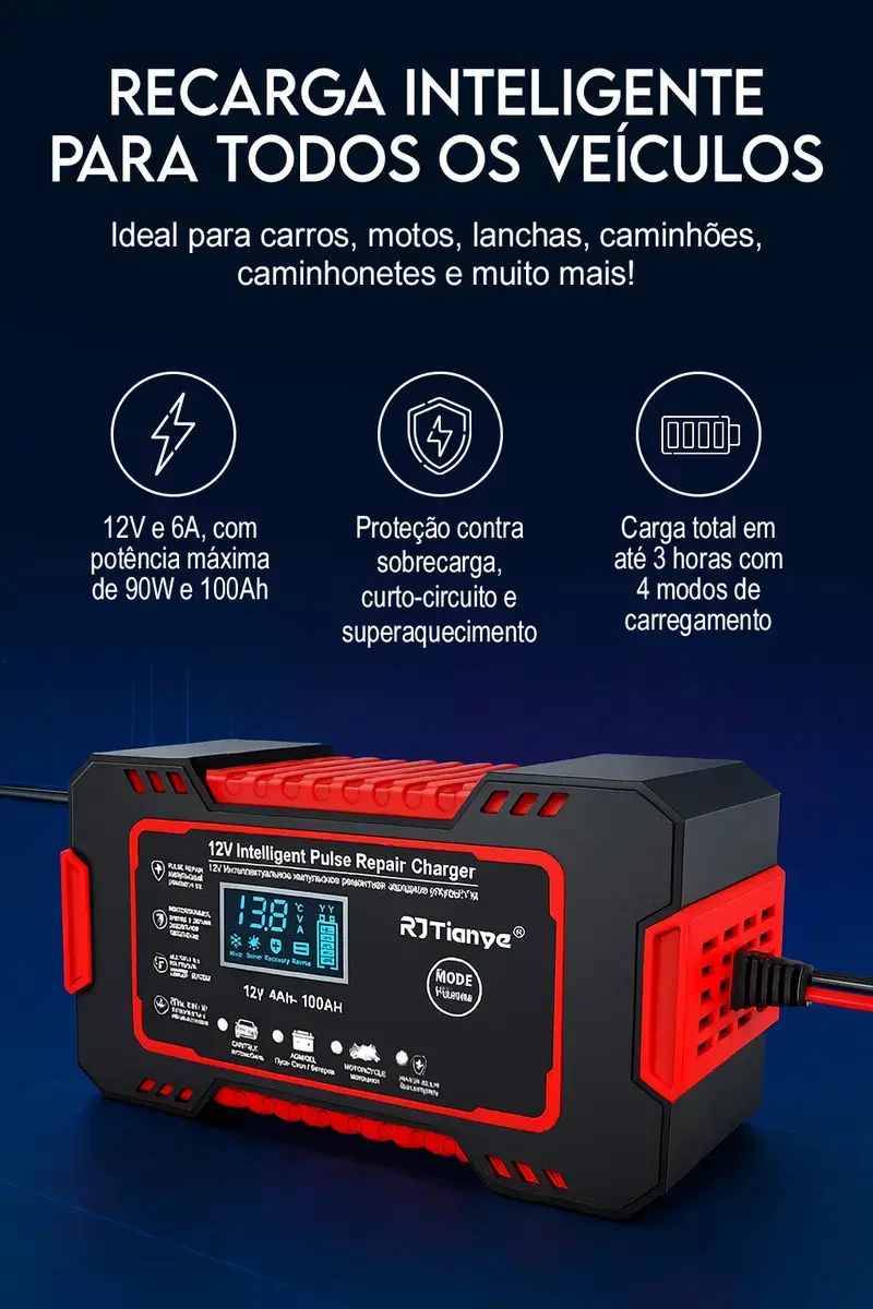 Carregador de Bateria Inteligente Davely 6A Bivolt para Carro Moto Caminhão Jet Ski e Barco Display Digital Recupera Bateria Carga rápida e Eficiente Cabo Reforçado Reparo Por Pulso thumbnail 4