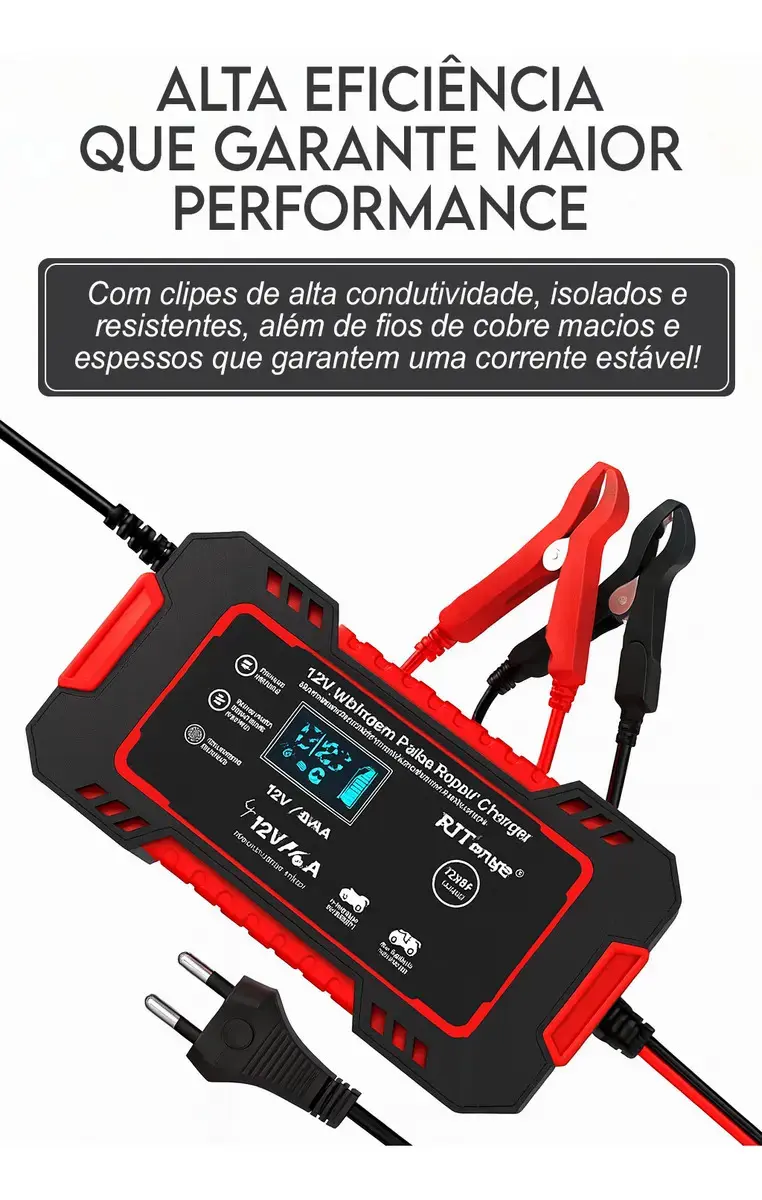 Carregador de Bateria Inteligente Davely 6A Bivolt para Carro Moto Caminhão Jet Ski e Barco Display Digital Recupera Bateria Carga rápida e Eficiente Cabo Reforçado Reparo Por Pulso thumbnail 5
