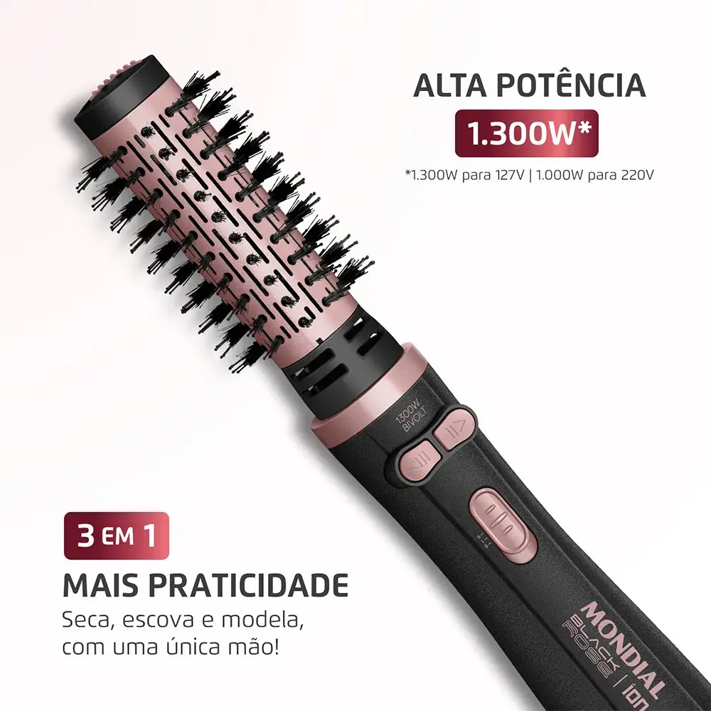 Escova Rotativa Mondial Ceramica Tourmaline Ion 3x1 Erb-01 Rosa 127/220v thumbnail 2