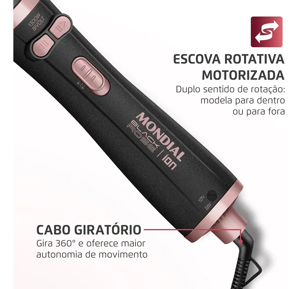 Escova Rotativa Mondial Ceramica Tourmaline Ion 3x1 Erb-01 Rosa 127/220v thumbnail 4