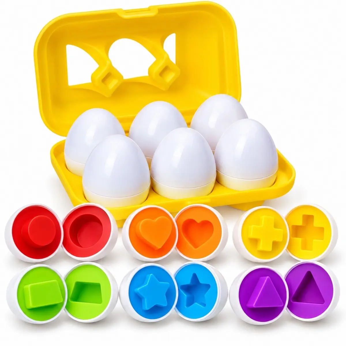Brinquedo Educativo Montessori, 6 Ovos de Encaixar, Formas e Cores | 6 ovos com diferentes cores e formas para abrir, combinar e encaixar, tornando o aprendizado mais divertido