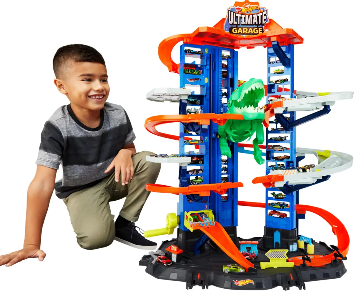 Kit Caminhão Hot Wheels Ultimate Garagem Roubo T-Rex Mattel. Pista Gigante com lançador, rampas e ataque do T-Rex motorizado. para crianças a partir de 4 anos.