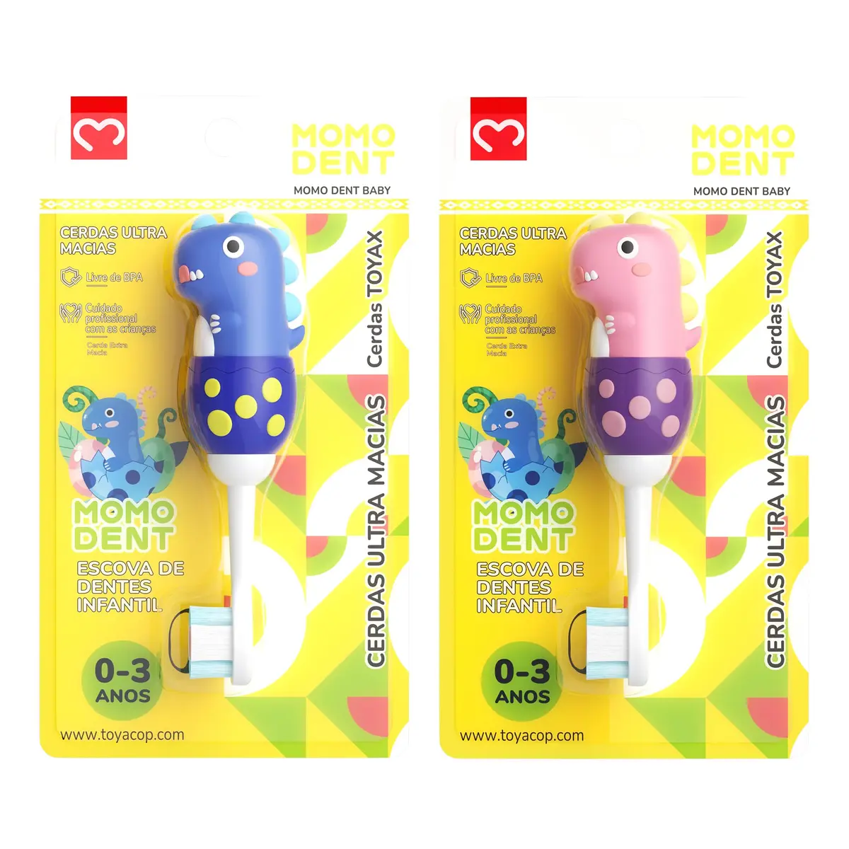 MOMODENT Escova de Dentes Infantil para 0-3 Anos Bebe, Dinossauro, Cabo de Silicone Macio, Cabeça Macia, Limpeza Suave (Azul+Rosa(2 unidades))