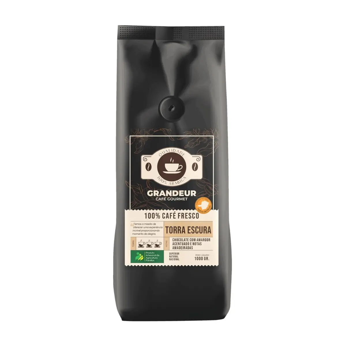 Café em Grãos - Grandeur Café Gourmet - Torra Escura - 100% Arábica - 1kg - Notas Chocolate Amargo e Amareirado - Região das Matas de Minas. - 1