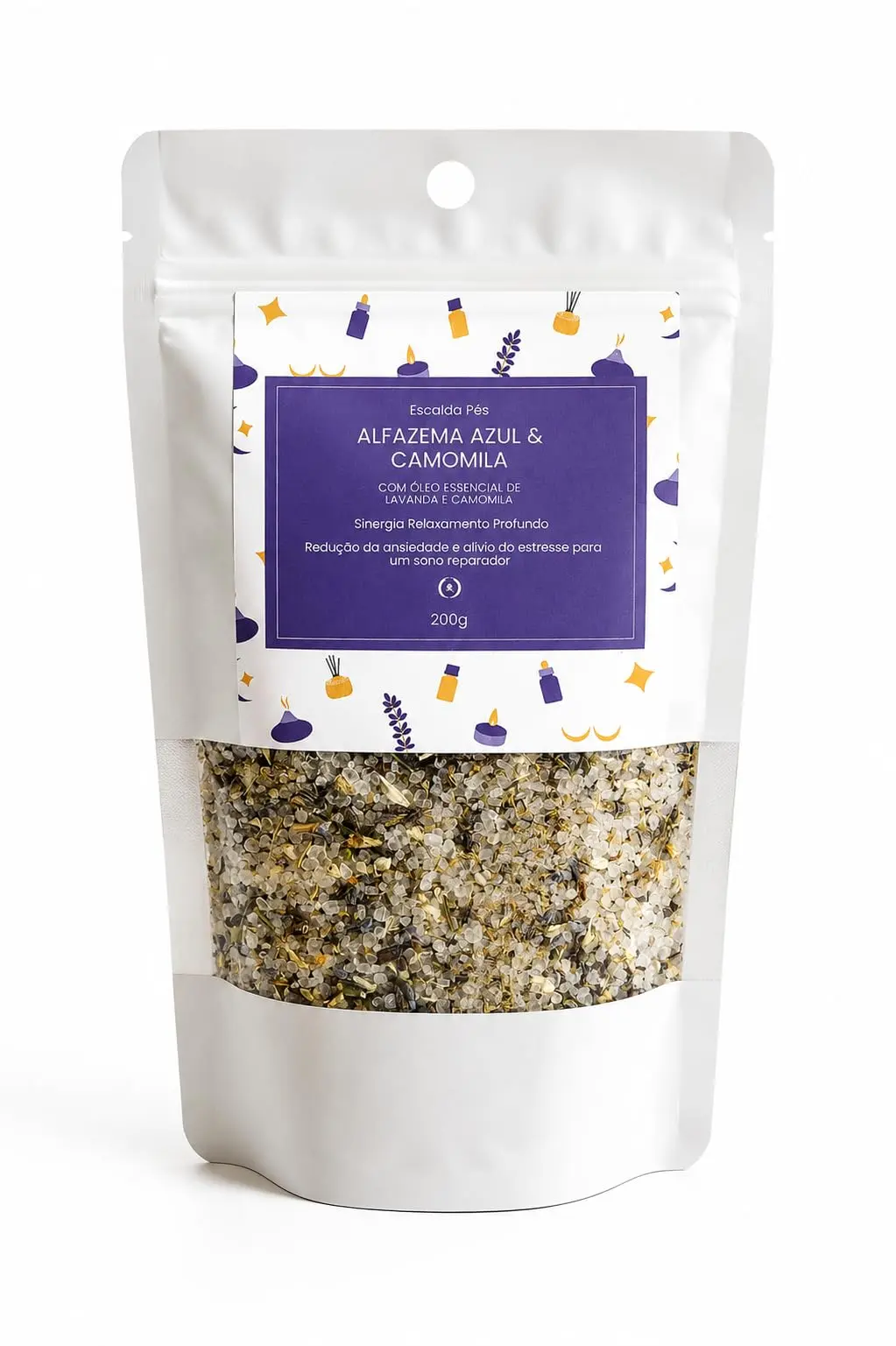 Escalda-Pés Aromático com Alfazema Azul e Camomila, Sal Marinho e Óleos Essenciais, 200g
