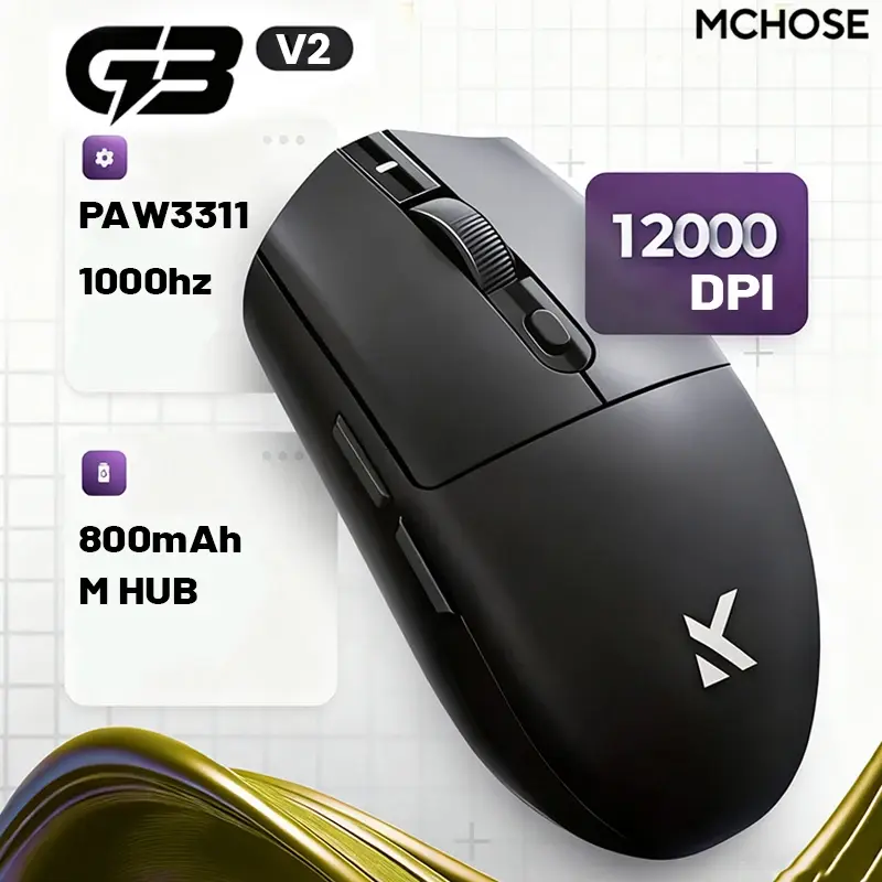 Mouse Gamer Sem Fio MCHOSE G3 V2 Pro Leve com Três Modos Bluetooth PAW3395 de Alta Performance 800mAh para Jogos e Escritório 59g