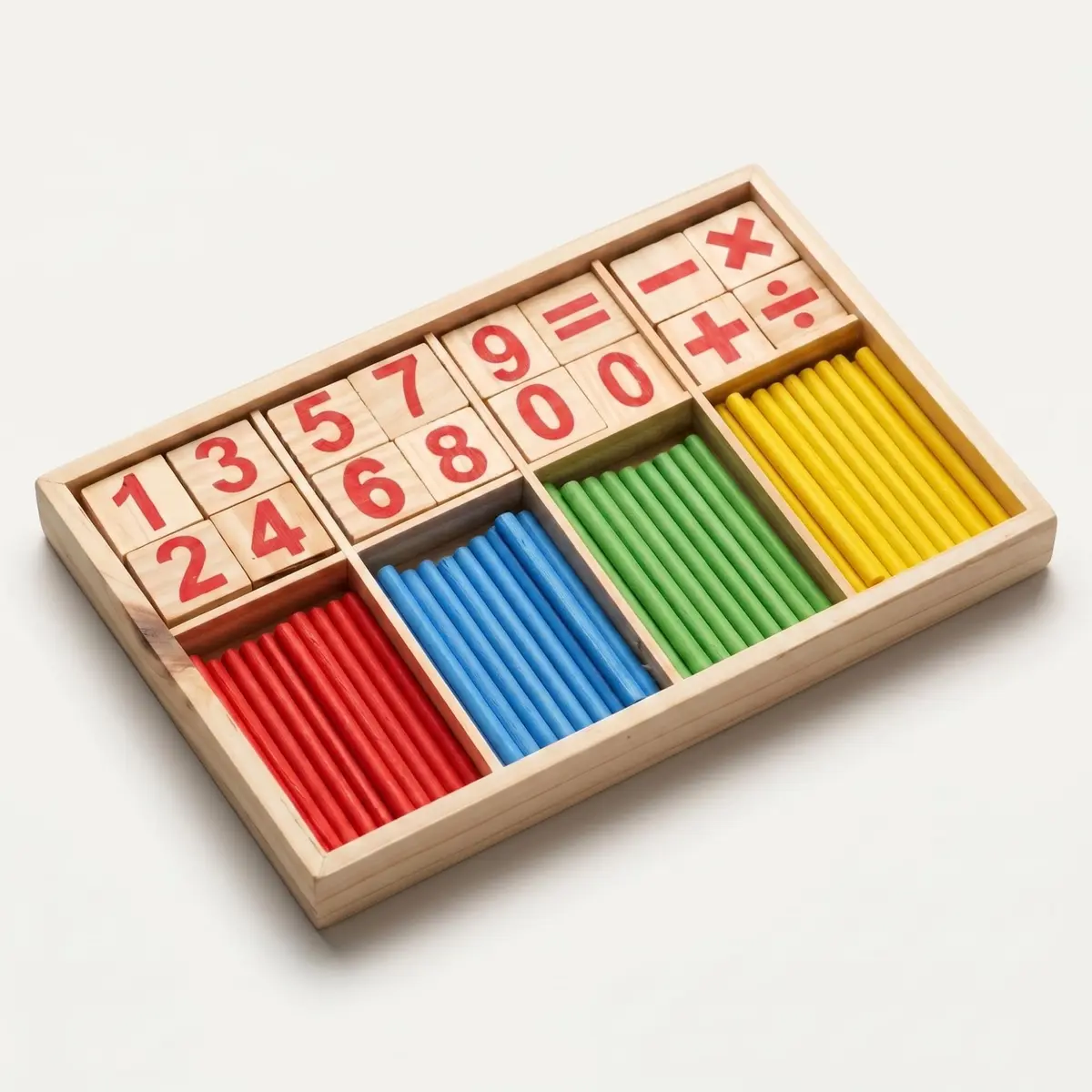 Brinquedo Educativo Matemática Montessori Madeira Bastões de Contagem | Madeira maciça atóxica com 52 bastões coloridos e 24 blocos numéricos. Estojo organizador pedagógico para contagem tátil