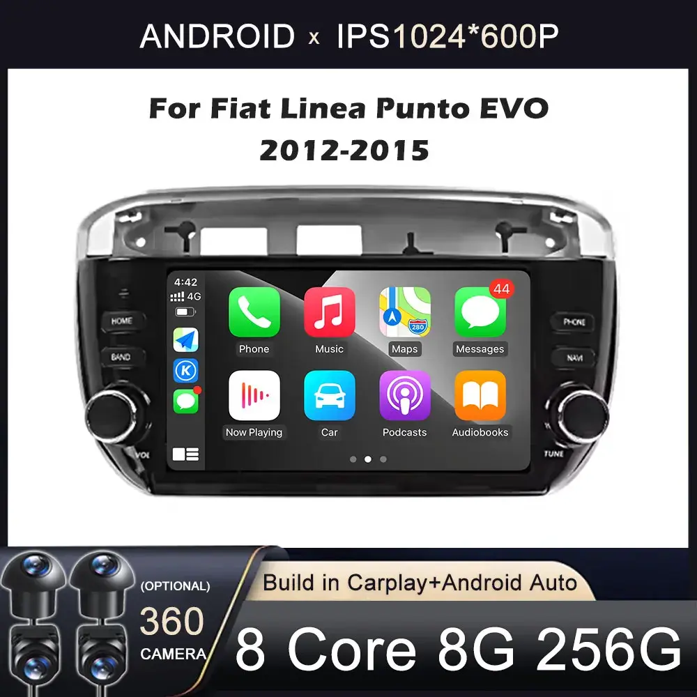 Rádio de Navegação GPS Multimídia com Android Auto e Carplay 4G para Fiat Linea Punto Evo 2012 - 2015, Tela de 7 polegadas, Reprodutor de Vídeo, Bluetooth 5.0