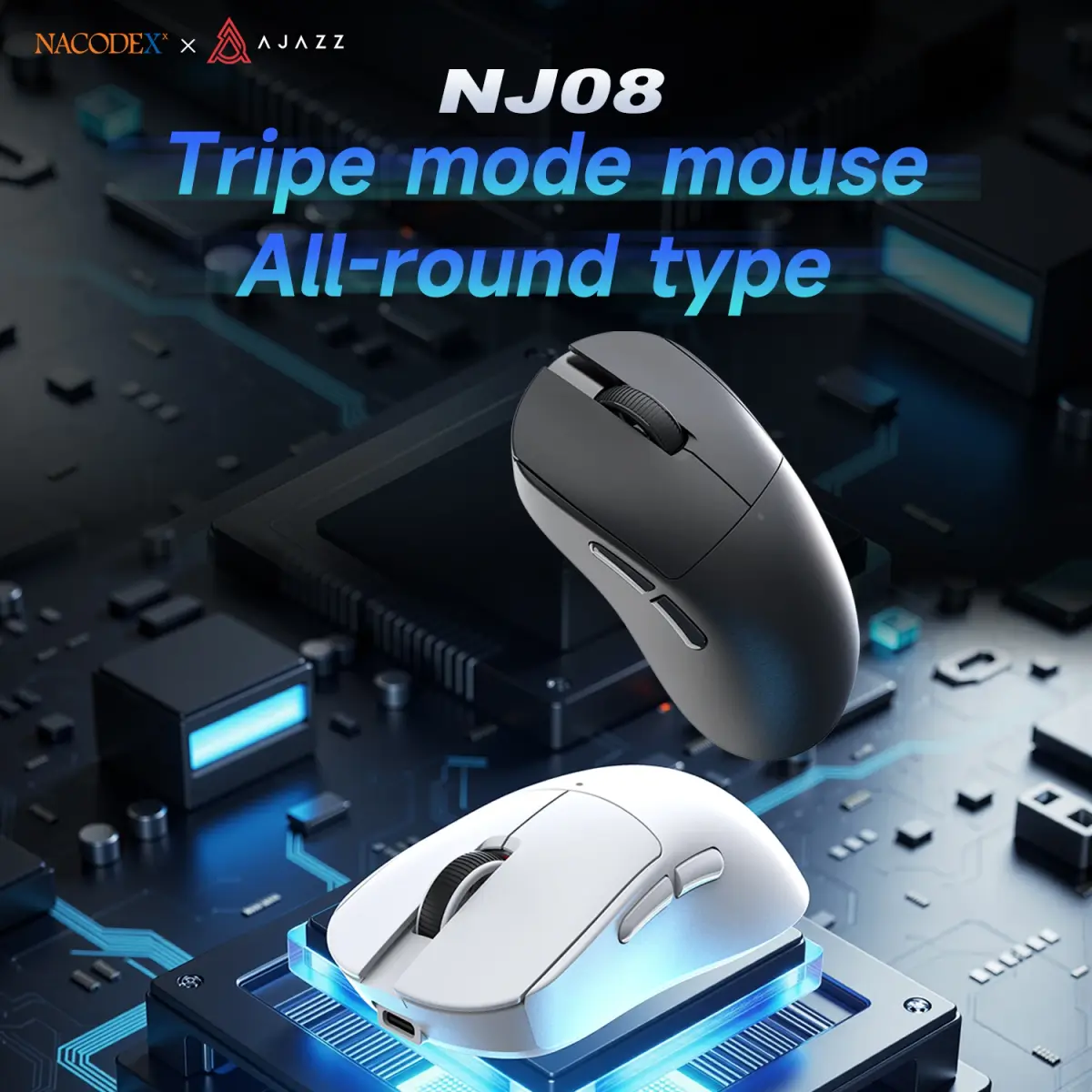 Mouse Gamer e de Escritório AJAZZ NJ08/MC com Três Modos: Com Fio/2.4G/Bluetooth Sem Fio, Alta Taxa de Atualização e Design Ergonômico