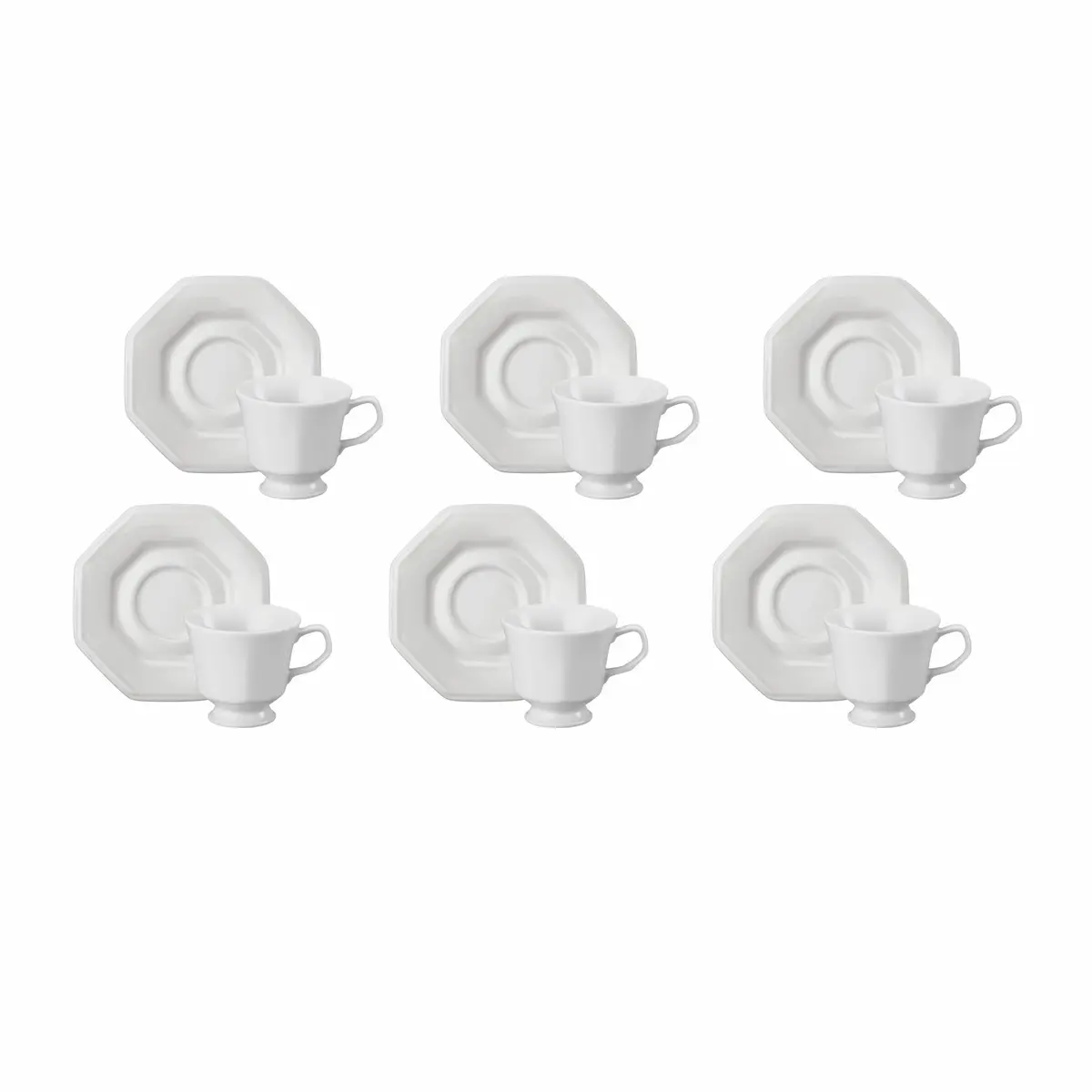 Estojo com 6 Xícaras Chá com Pires em Porcelana- Modelo Octogonal Prisma - Branca - fabricado pela Schmidt