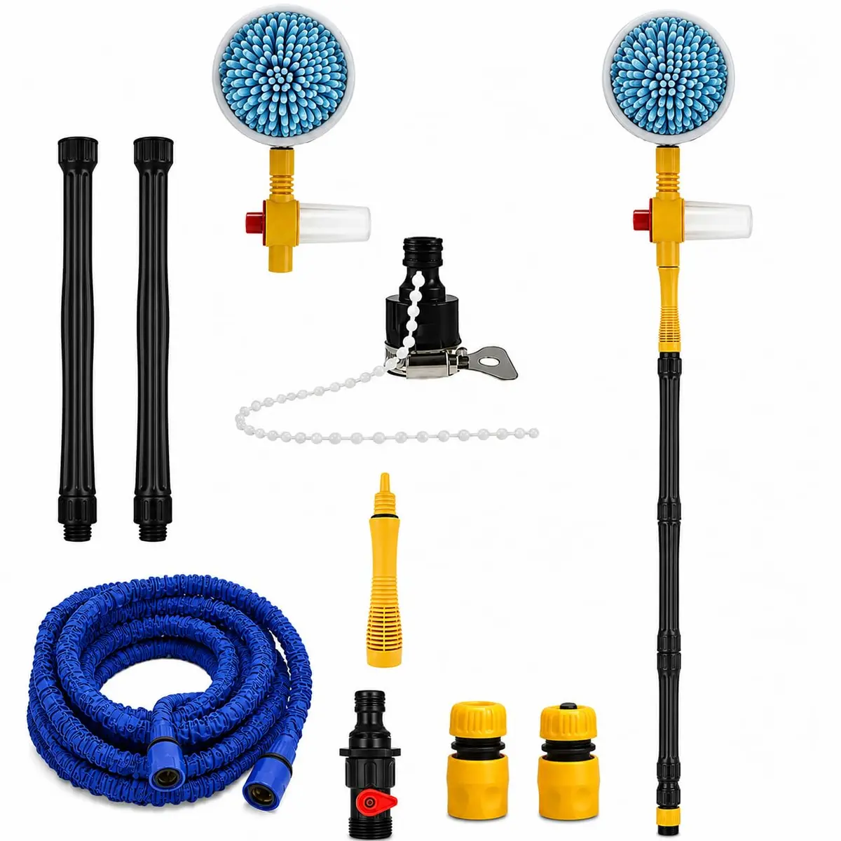 Escova Rotativa 360° para Lavagem de Carros e Motos com Reservatório 250 ml, Cabo Extensor até 100 cm, Chenille Macio e Engate Rápido com Mangueira 7,5M