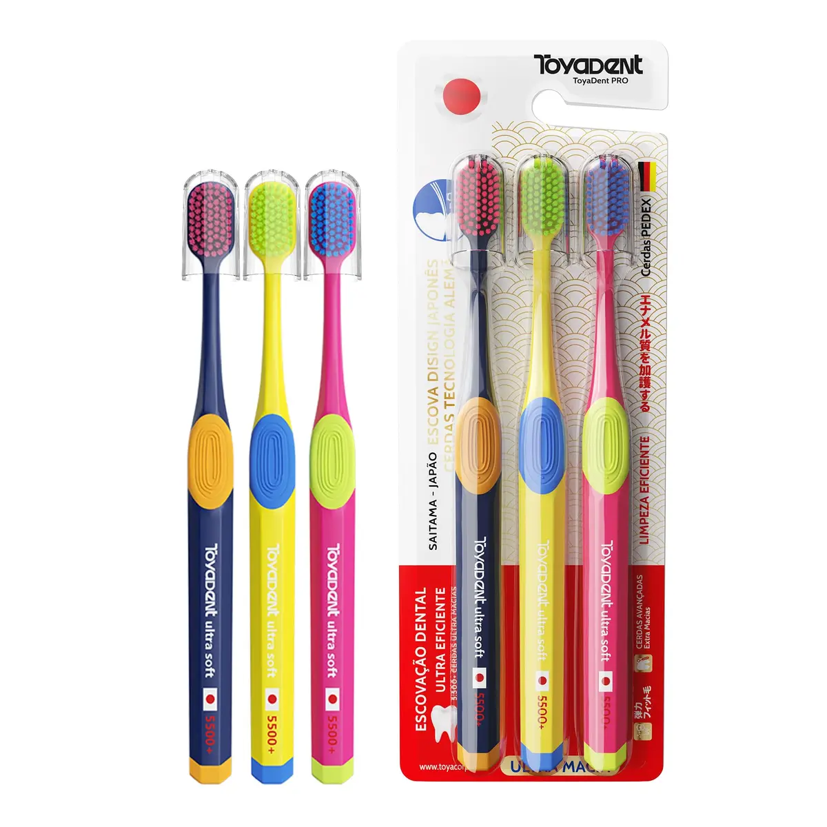 TOYADENT Escova de Dente Adultos, 5500 Cerdas Macia, Kit Família 3 Unidades | Confortável para Escovação Diária, Alta Densidade com Tampa Protetora, Kit Família para Limpeza Suave e Cuidado Bucal Diário