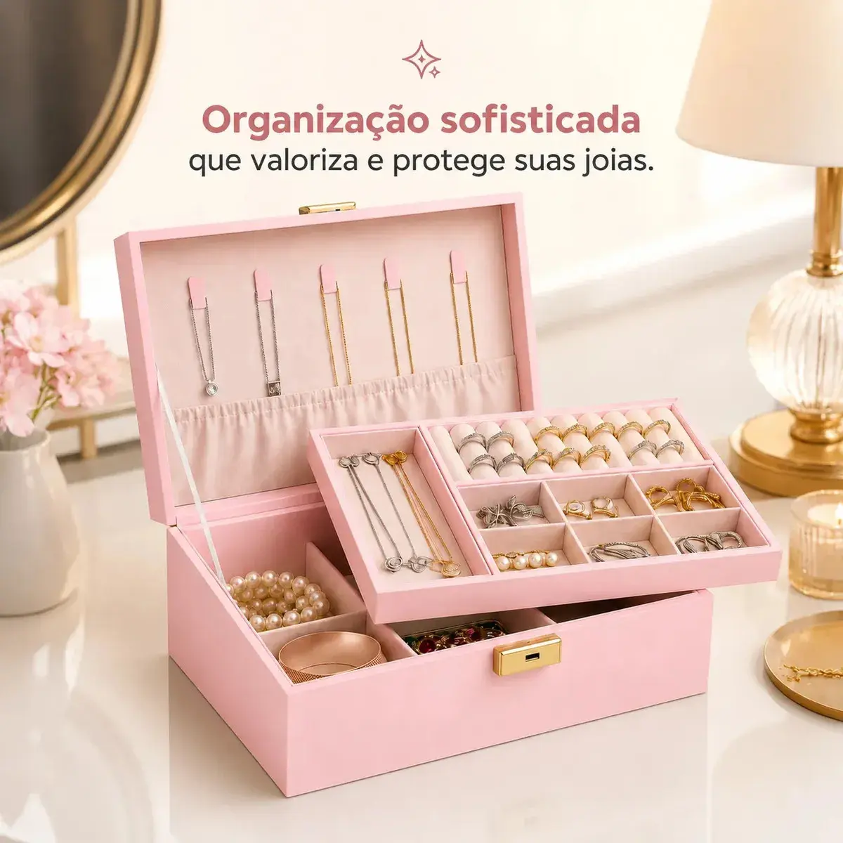Eps-77777q Maleta Porta Joias Multifuncional Organizador Com Chave Rosa thumbnail 2