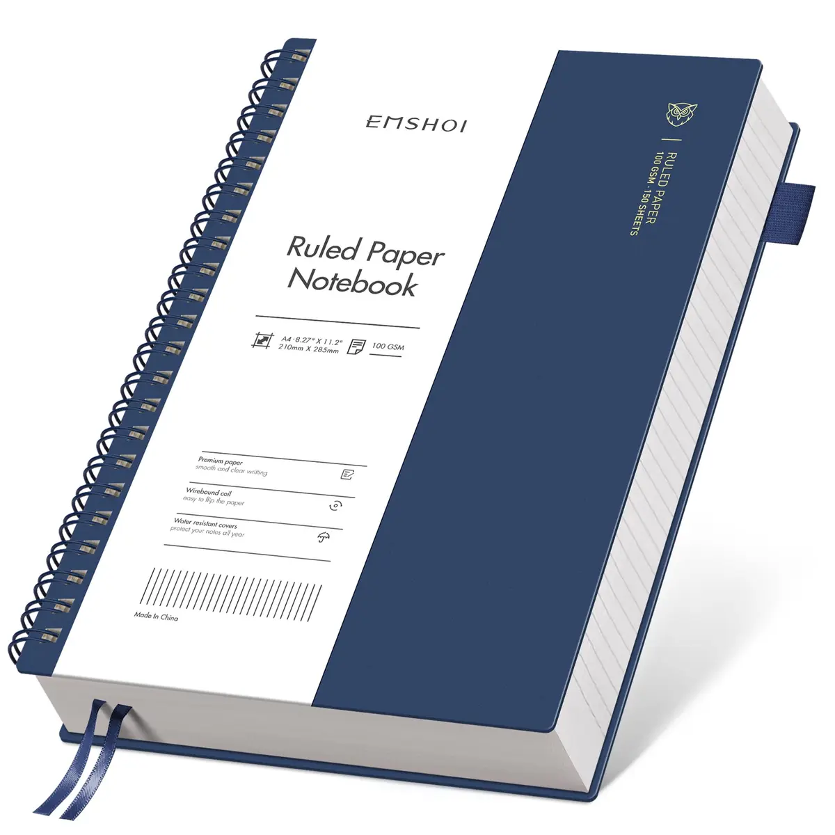 EMSHOI Caderno espiral A4 Caderno pautado universitário, 28,4 cm x 21 cm, 300 páginas/150 folhas, papel grosso de 100 g/m², capa mole impermeável, encadernação de fio duplo, para trabalho escolar, - 1