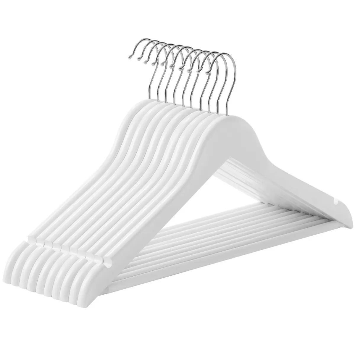 SONGMICS Cabides de Madeira, Conjunto com 10 Unidades, Branco | Cabides com Entalhes nos Ombros, Barra Antiderrapante para Calças, Gancho Giratório 360° em Prata BRCRW03W10