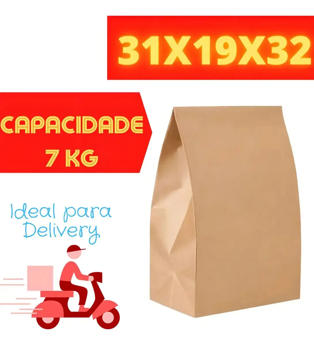 100 Saco Kraft Para Delivery Extra G (31x19x32) - Liso Marrom-claro