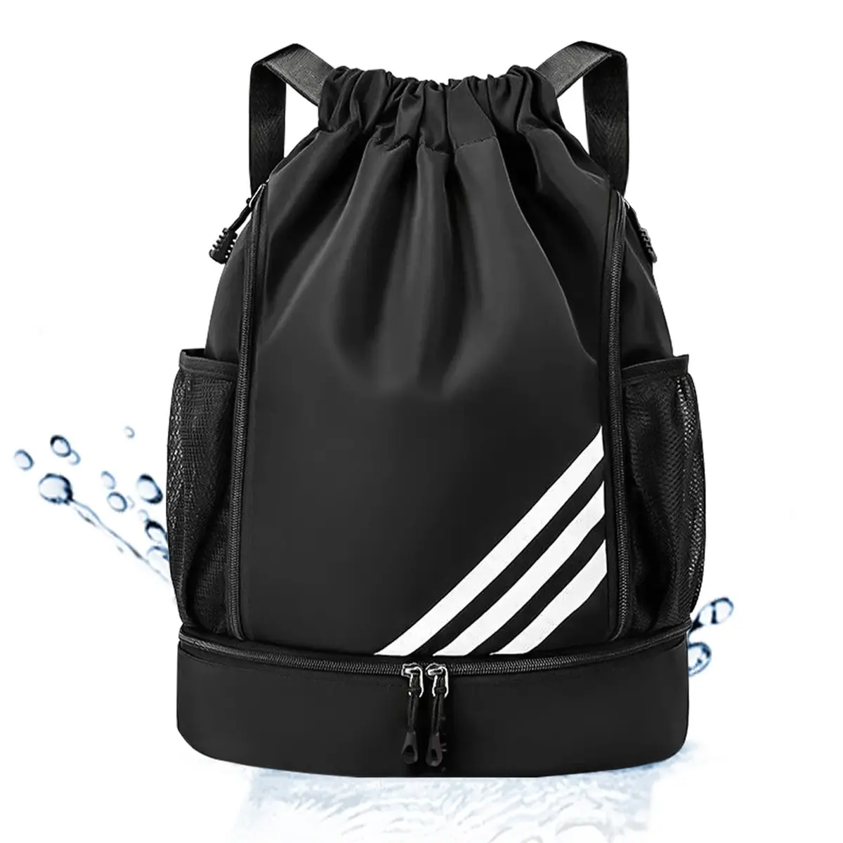 Mochila Esportiva com Cordão, Separação seca e húmida, Mochila de grande capacidade para viagens de lazer, Bolsos Laterais em Malha, Preto com Listras - 1