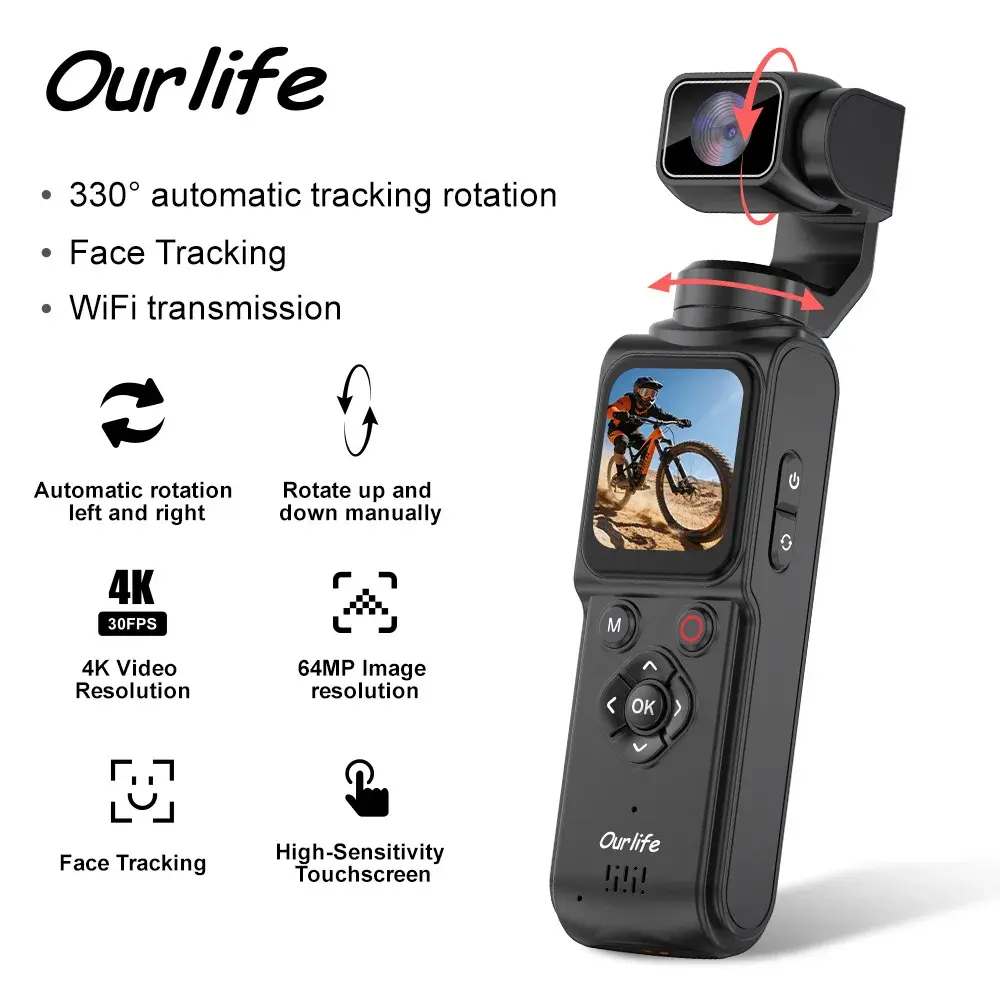 Câmera de Ação Ourlife 4K 330 ° Estabilizador de Gimbal com Rastreamento Facial, Câmera Digital de Bolso de 64MP com Tela Sensível ao Toque de 1,72 Polegadas, Câmera Esportiva WiFi - 1
