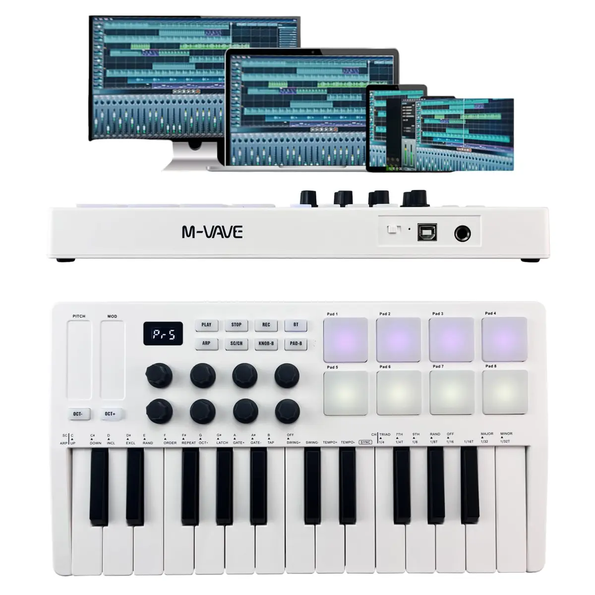 VEDO M-VAVE SMK-25 Controlador MIDI, com 25 Teclas Sensíveis à Velocidade, 8 Pads RGB, Compatível Windows/Mac/i0S/Android, A Escolha Perfeita Para os Amantes da MúSica, Original Autêntico, Branco