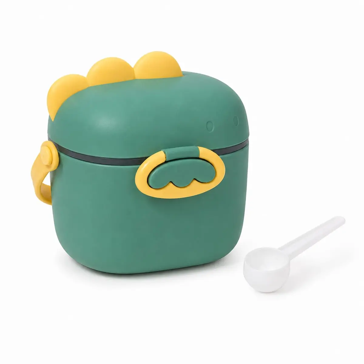 Porta Leite em Pó Bebê com Dosador Formato Dinossauro 400ml Verde | Plástico e silicone livre de BPA, fácil de higienizar. Ideal para passeios, viagens e snacks ou lanches da criança