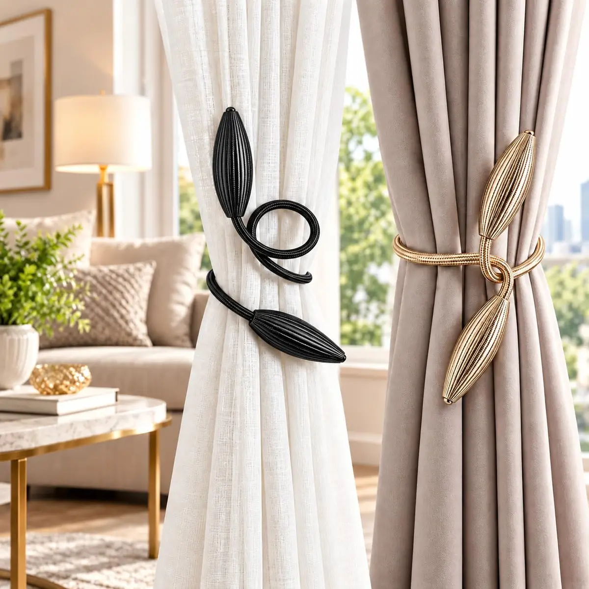 Kit 2 Prendedores para Cortina Flexíveis Metalizados – Fivela Abraçadeira Decorativa Ajustável para Sala e Quarto, Uso Prático sem Furar a Parede (CHAMPAGNE) - 1