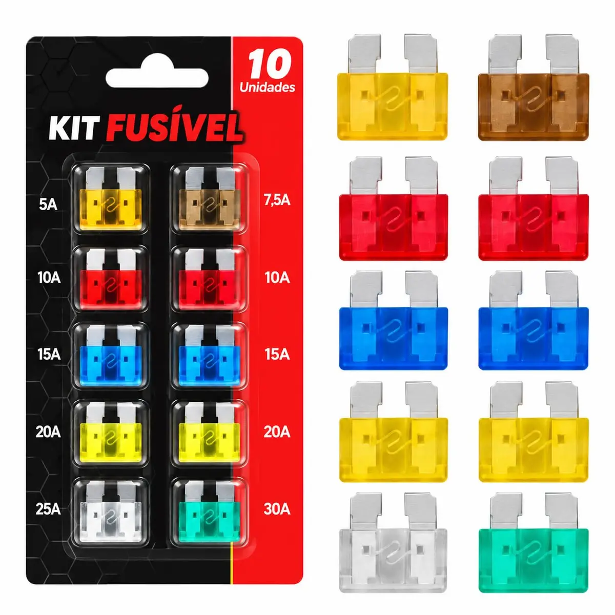 Kit Fusíveis Automotivos Lâmina Médio 10 Peças 5A 7,5A 10A 15A 20A 25A 30A para Carros e Veículos