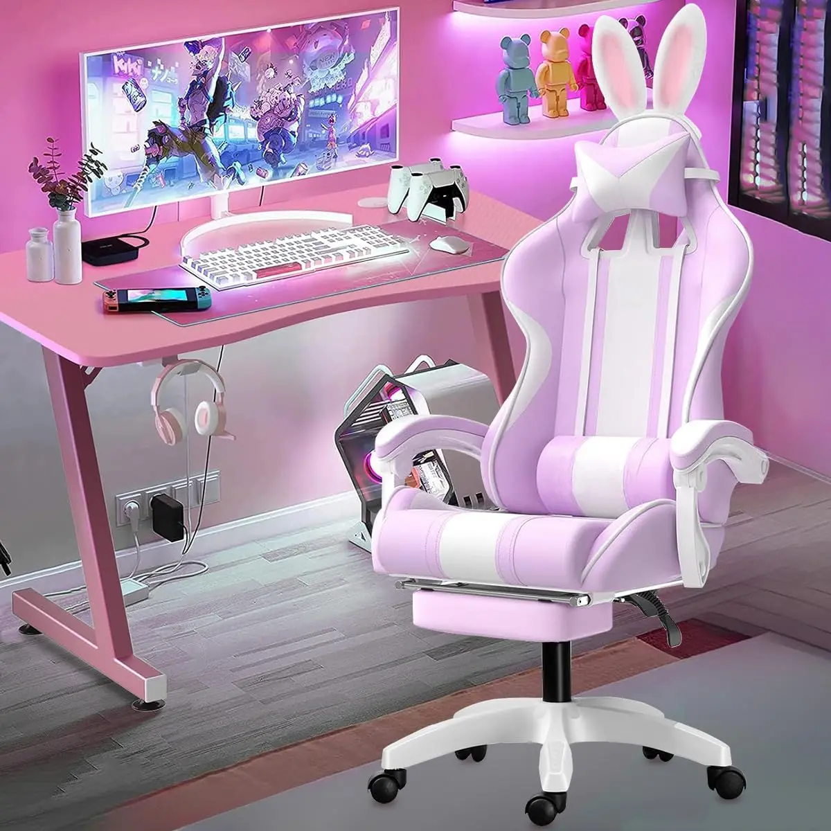 Cadeira gamer fofa com orelhas de coelho, com apoio de pés e apoio de cabeça (Roxo)