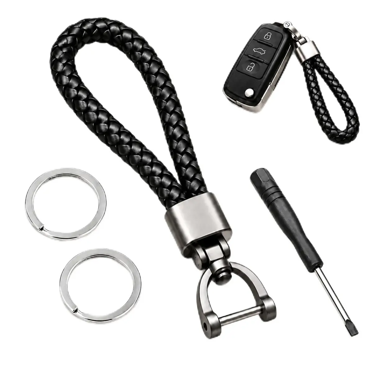 Chaveiro Luxo Couro PU Trançado Metal Para Carro Moto Com Trava - DAZZELI | 2 Argolas Metálicas, Fechamento Por Parafuso, Chave De Fenda Inclusa, Visual Elegante Para Uso Diário Ou Presente